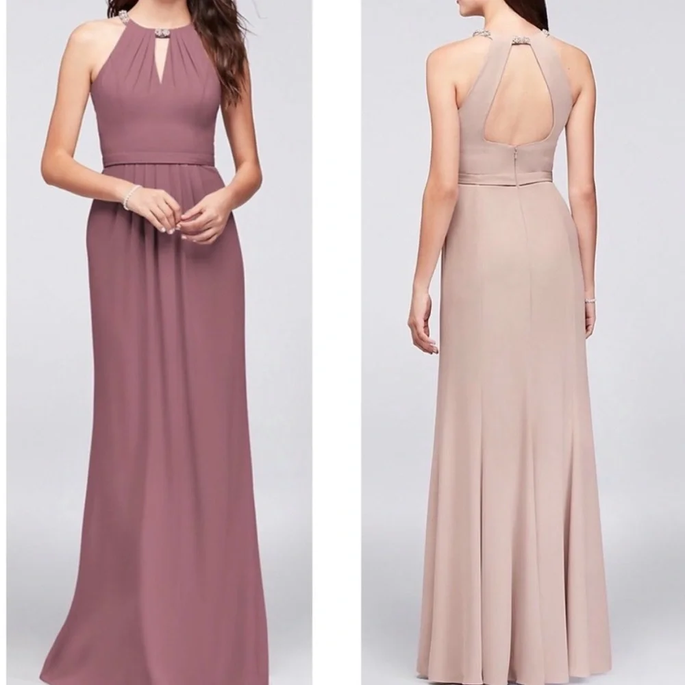 NWT David’s Bridal Keyhole Halter Jewel Neckline Maxi Dress Marine Navy - Picture 2 of 7